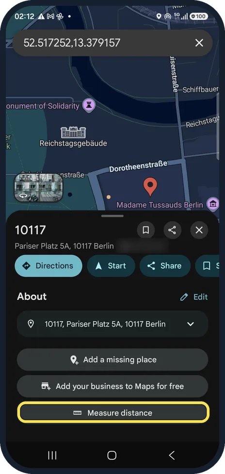 Android screenshot: Drop a pin and tap Measure distance