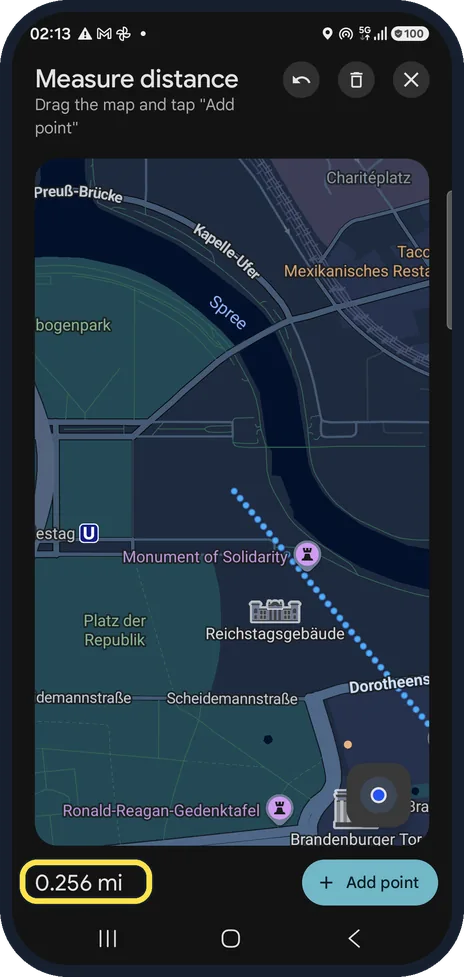Android screenshot: Read the distance