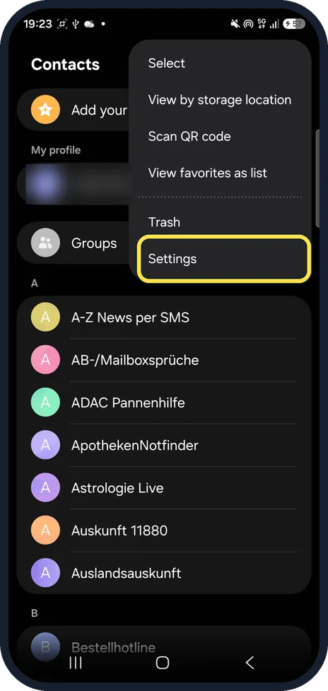 Android screenshot: Open Contacts settings