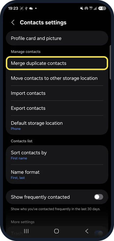 Android screenshot: Tap Merge duplicate contacts