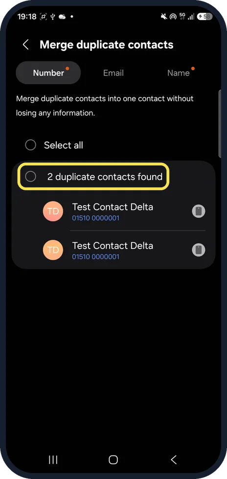 Android screenshot: Tick the duplicates