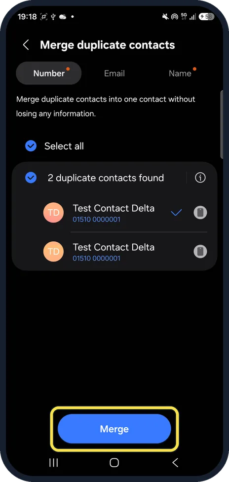 Android screenshot: Tap Merge