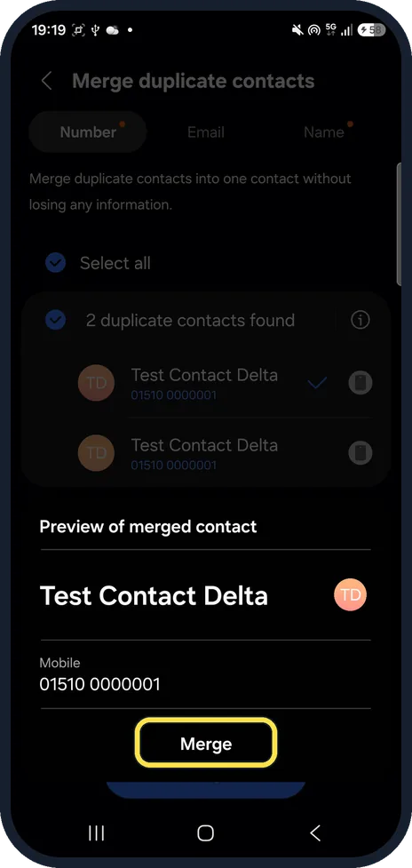 Android screenshot: Check the preview and tap Merge