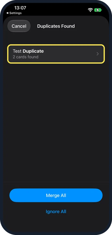 iPhone screen: Tap the name, or Merge All