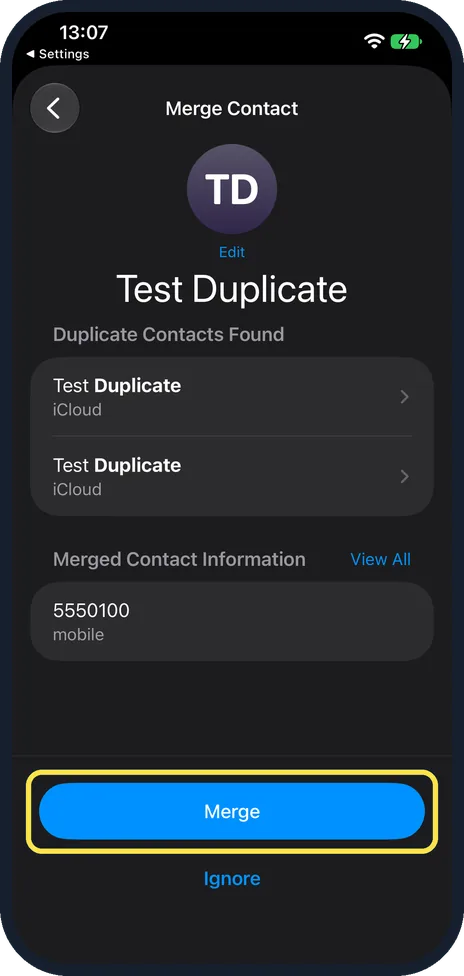 iPhone screen: Check the merged card and tap Merge