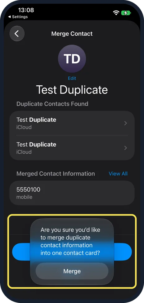 iPhone screen: Confirm with Merge