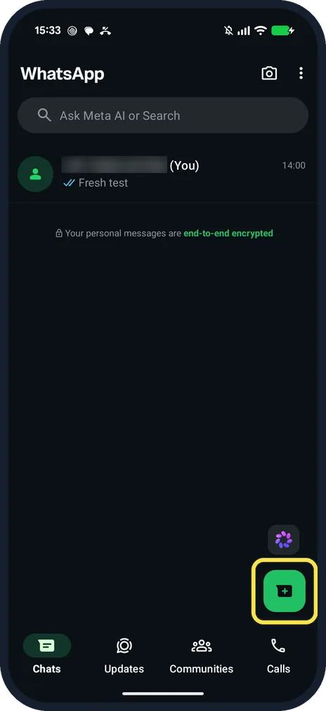 Screenshot from the guide: How to message yourself on WhatsApp (Pixel 10a, WhatsApp 2.26)