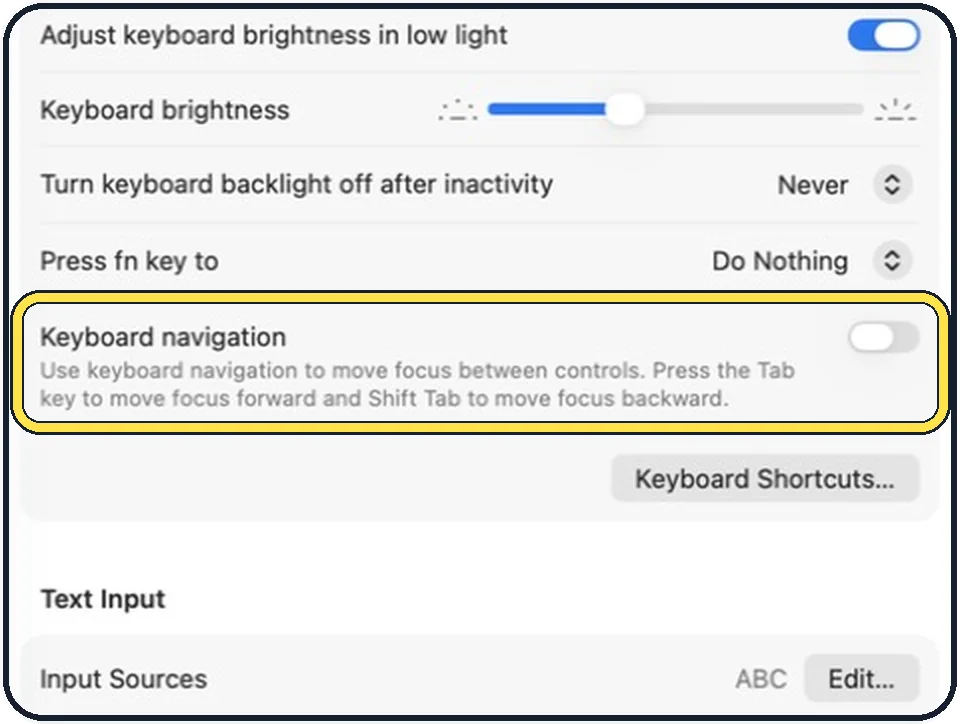 Mac screenshot: Switch on Keyboard navigation
