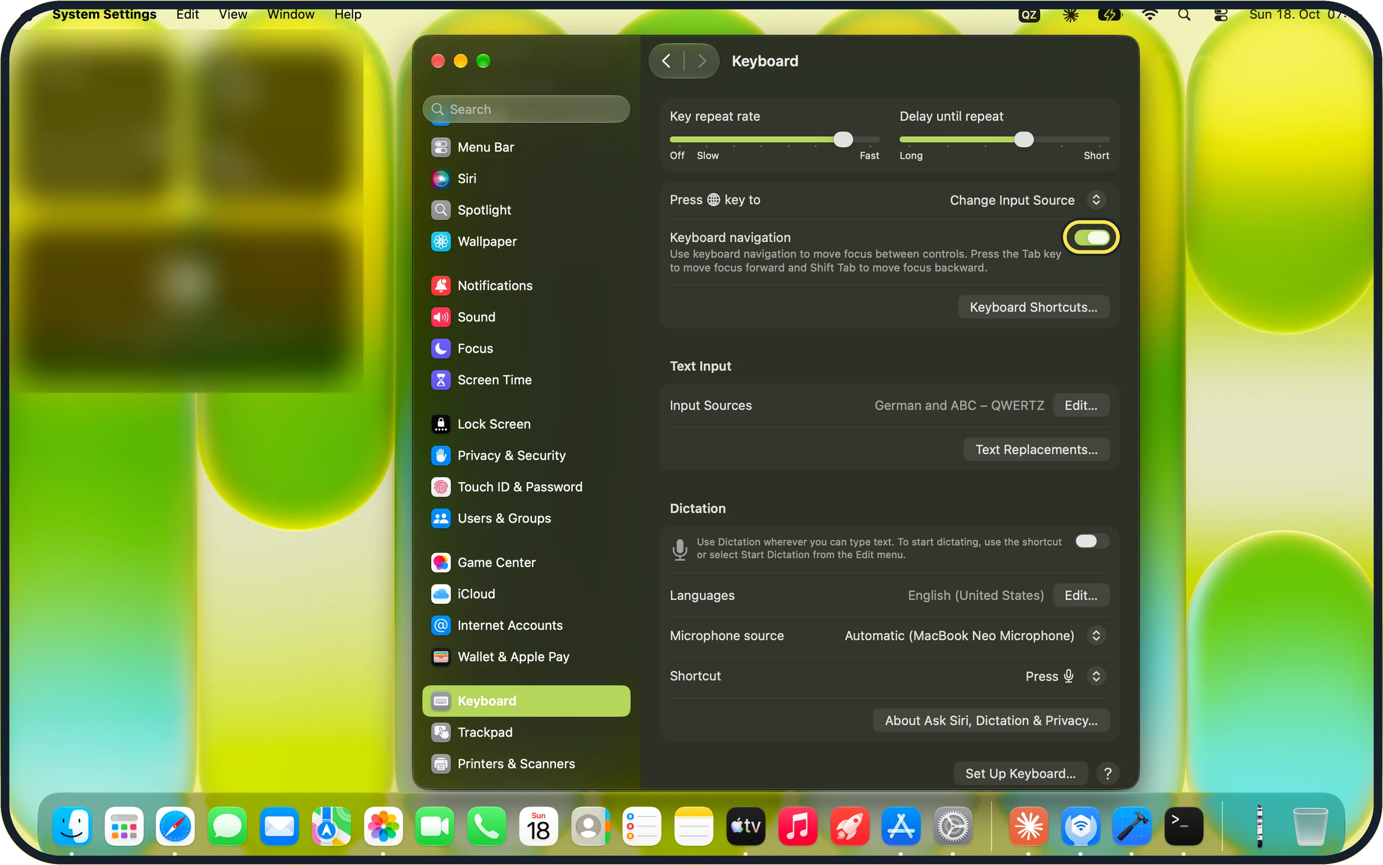 Mac screenshot: Switch on Keyboard navigation