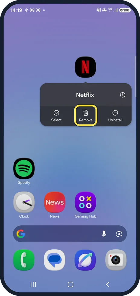 Android screenshot: Tap Remove