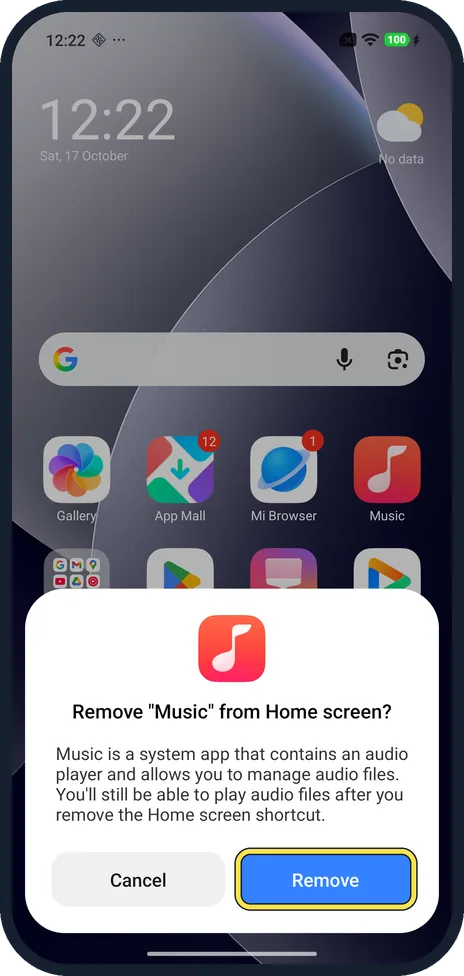 Android screenshot: Tap Remove