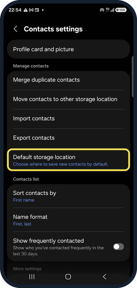 Android screenshot: Set the default storage