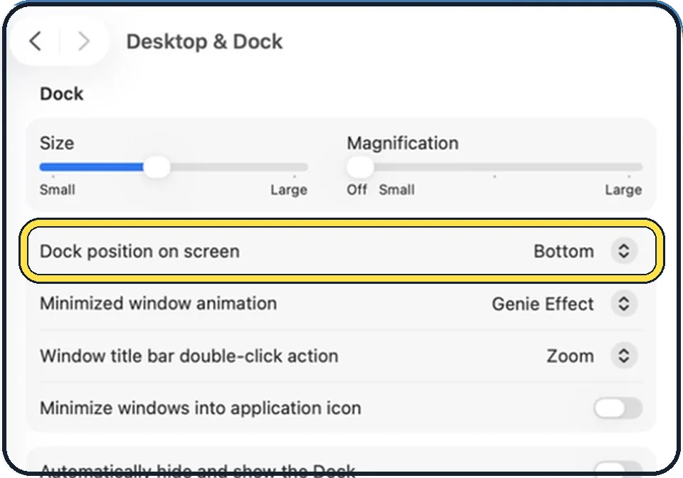 Mac screenshot: Set Dock position on screen