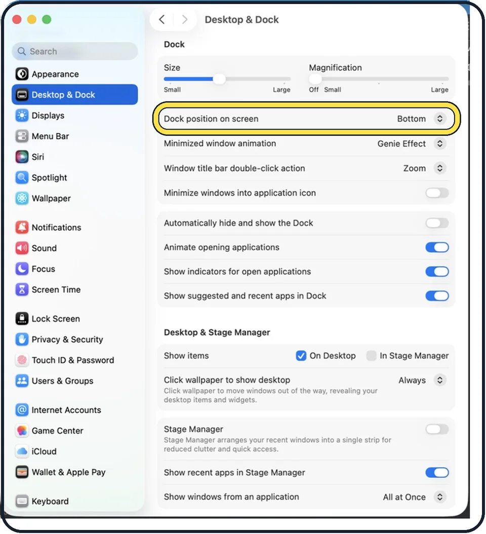 Mac screenshot: Set Dock position on screen