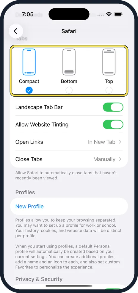 iPhone screen: Scroll to Tabs and choose a layout