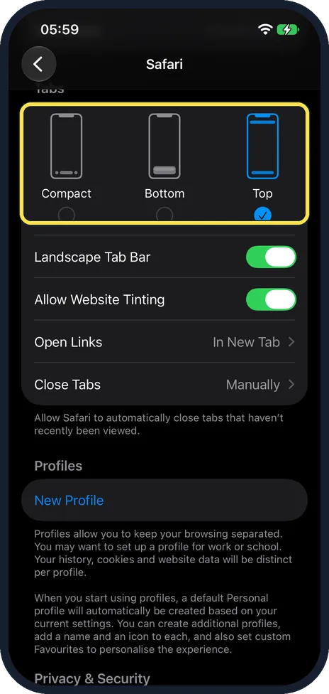 iPhone screen: Scroll to Tabs and choose a layout