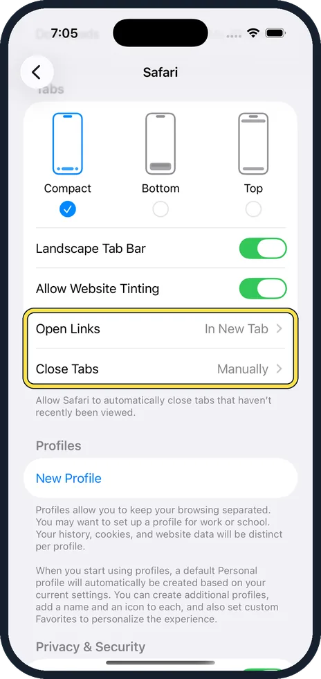 iPhone screen: Decide how links open and when tabs close