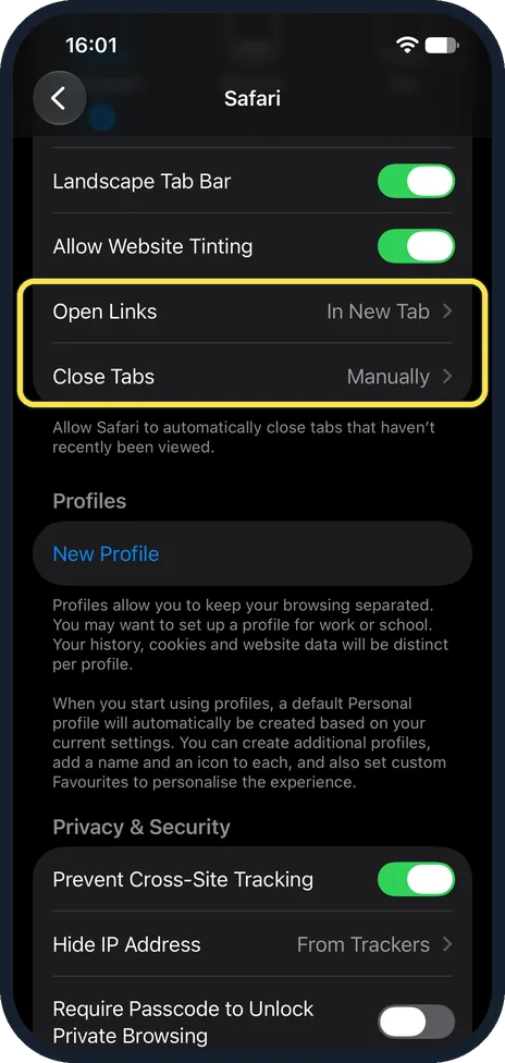 iPhone screen: Decide how links open and when tabs close