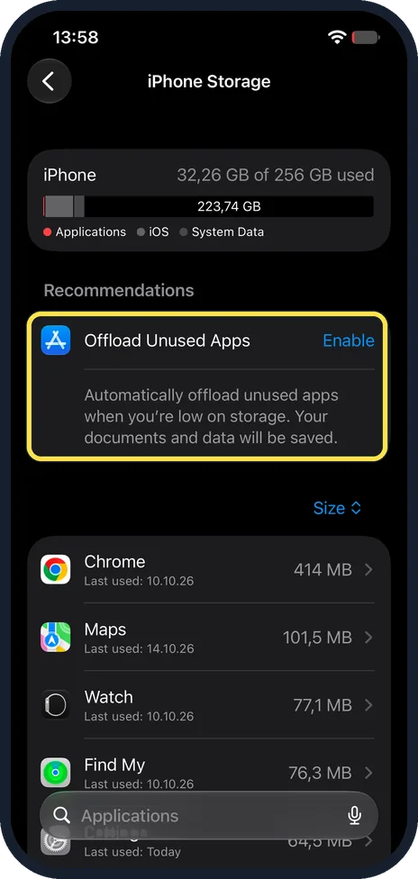 iPhone screen: Tap Enable next to Offload Unused Apps