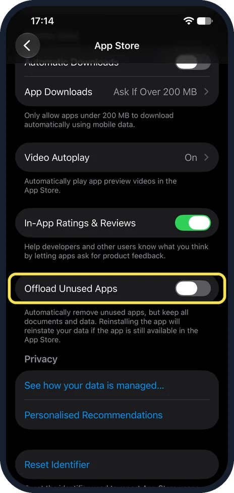 iPhone screen: Or use the App Store settings