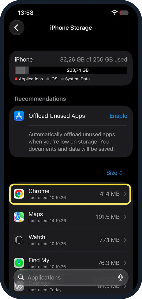 iPhone screen: Tap an app to offload it by hand