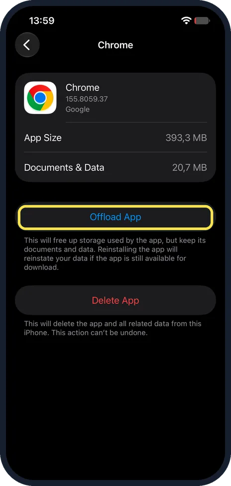 iPhone screen: Tap Offload App