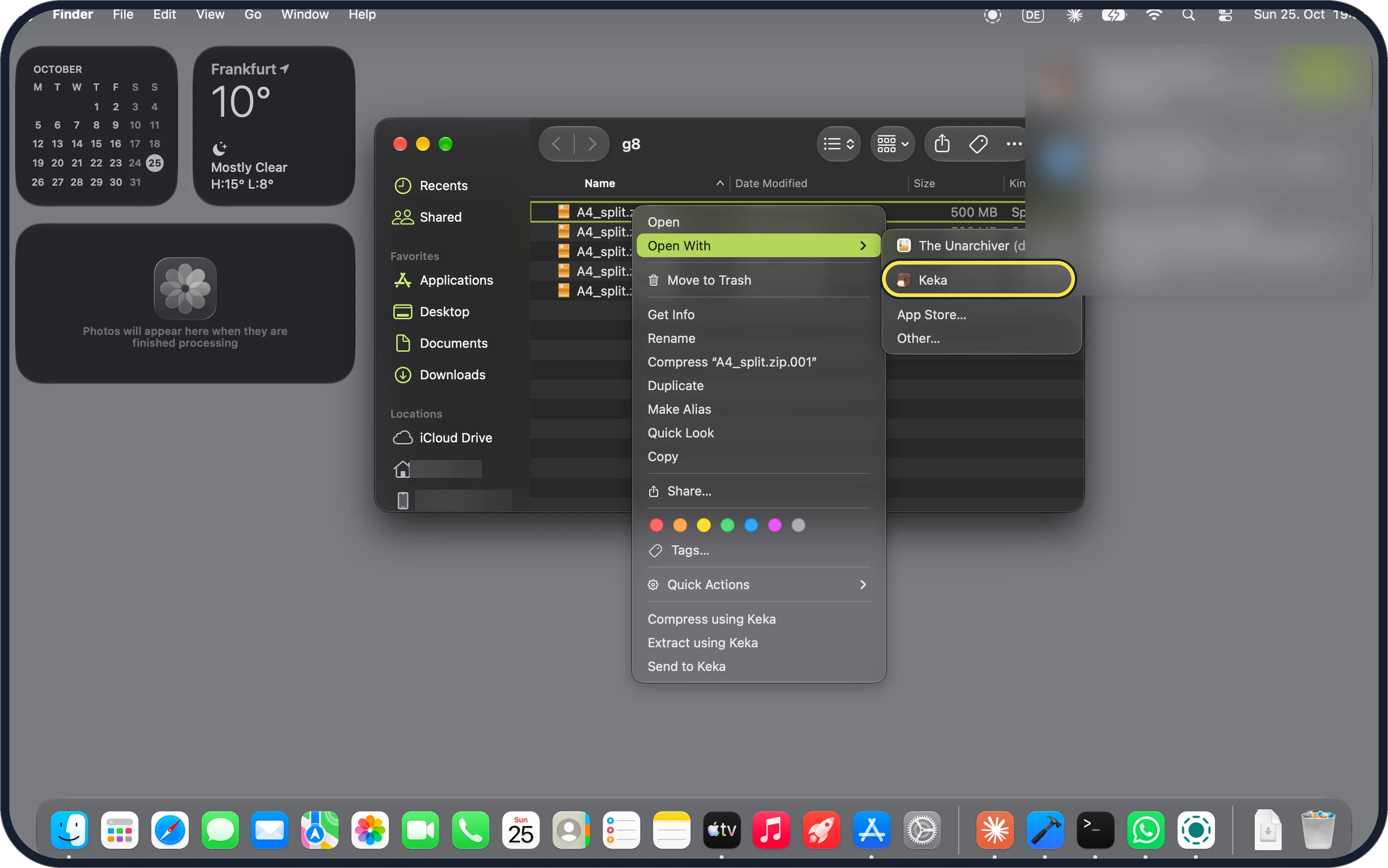 Mac screenshot: Install Keka, then right-click the .001 and choose Open With, Keka