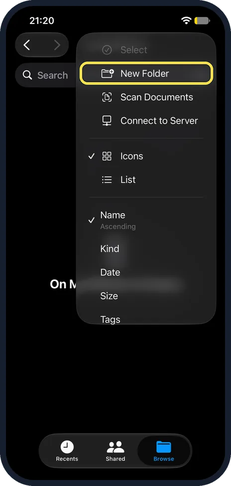 iPhone screen: Tap New Folder