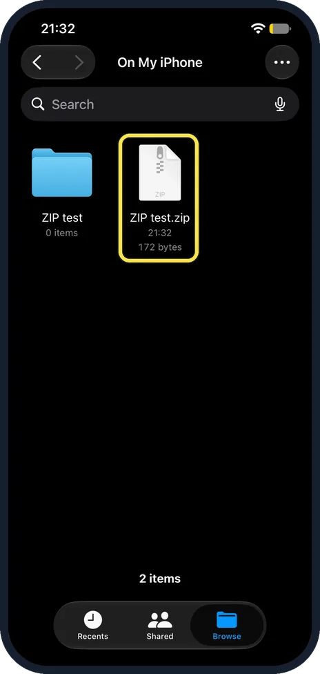 iPhone screen: Find the ZIP file