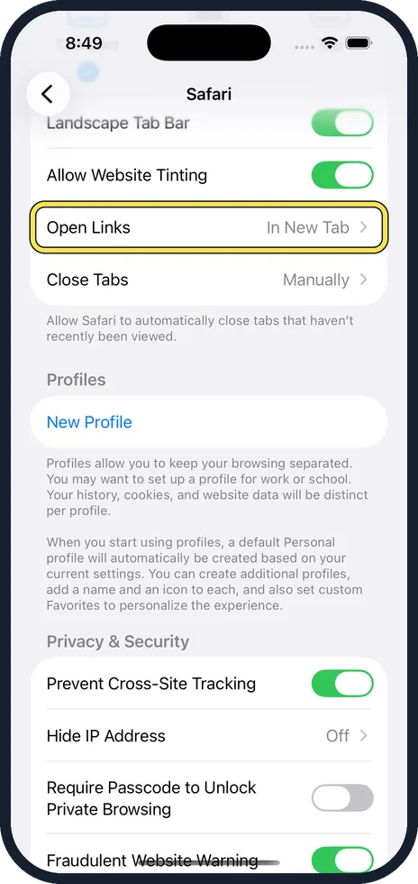 iPhone screen: Scroll to Tabs and tap Open Links
