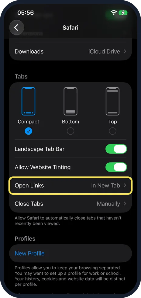 iPhone screen: Scroll to Tabs and tap Open Links