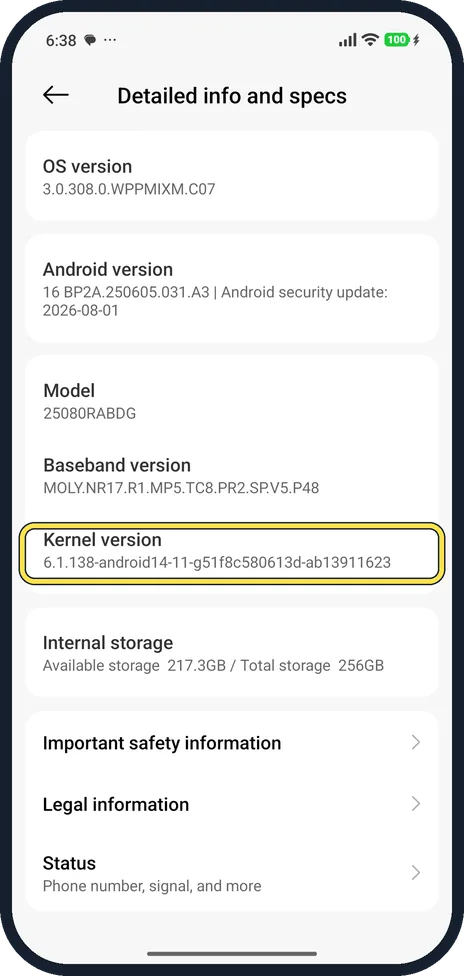 Android screenshot: Tap Kernel version five times