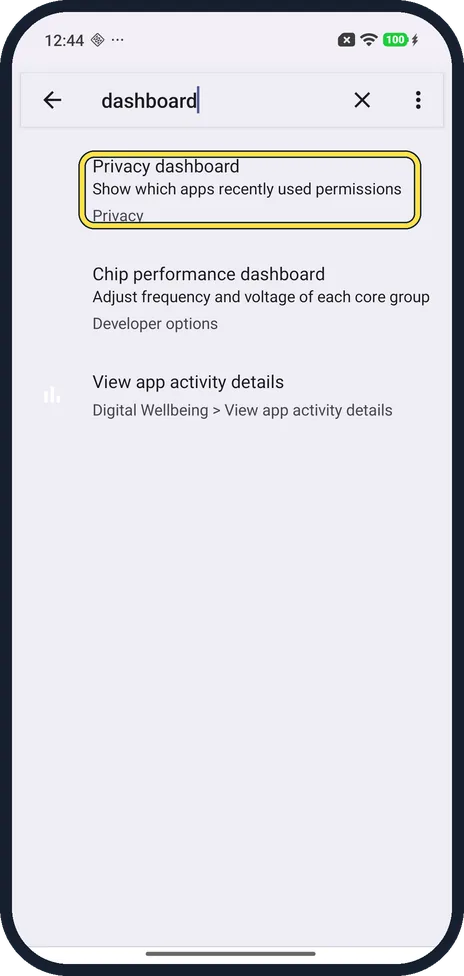 Android screenshot: Search Settings for dashboard