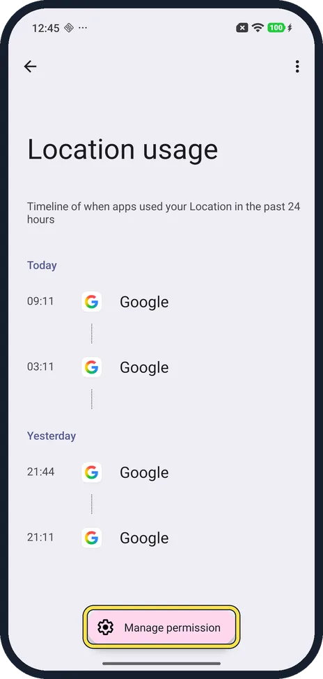 Android screenshot: Tap Location for the timeline