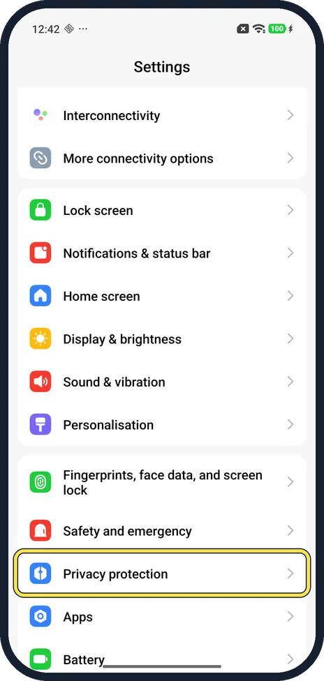 Android screenshot: Or open Privacy protection