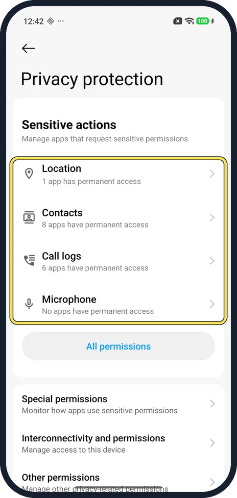 Android screenshot: Check Sensitive actions