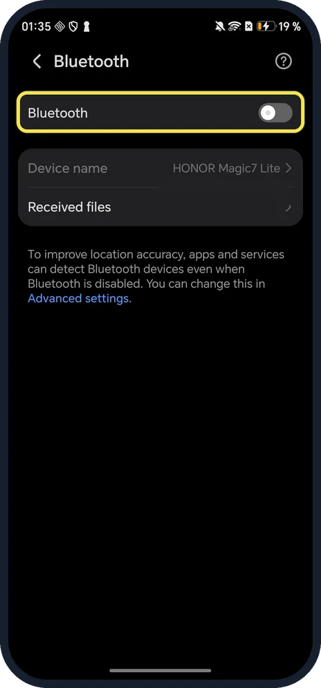Android screenshot: Turn on Bluetooth