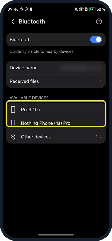 Android screenshot: Tap your device under Available devices