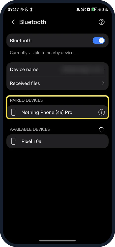 Android screenshot: Check Paired devices