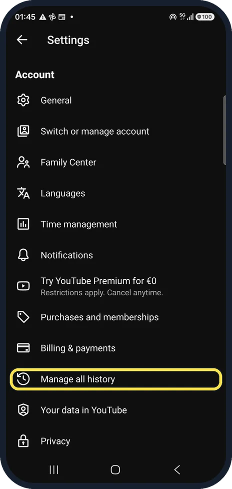 Android screenshot: Open Manage all history