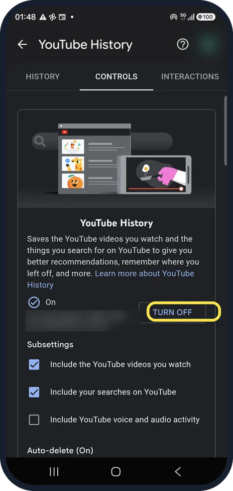 Android screenshot: Tap Turn off on the Controls tab