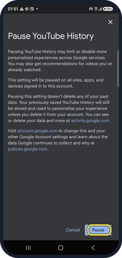 Android screenshot: Tap Pause