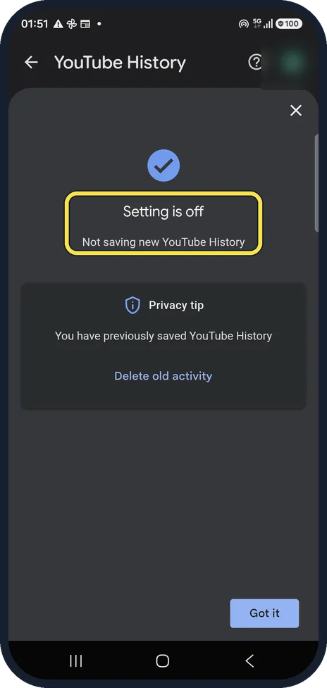 Android screenshot: Check it is off
