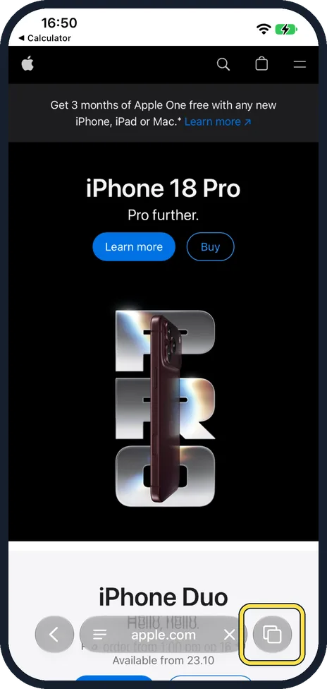 iPhone screen: Tap the Tabs button