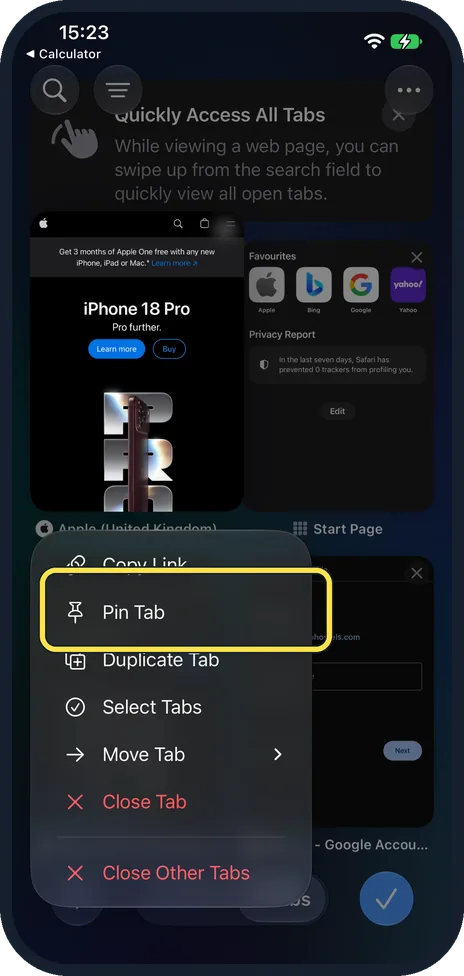 iPhone screen: Touch and hold the tab, then tap Pin Tab