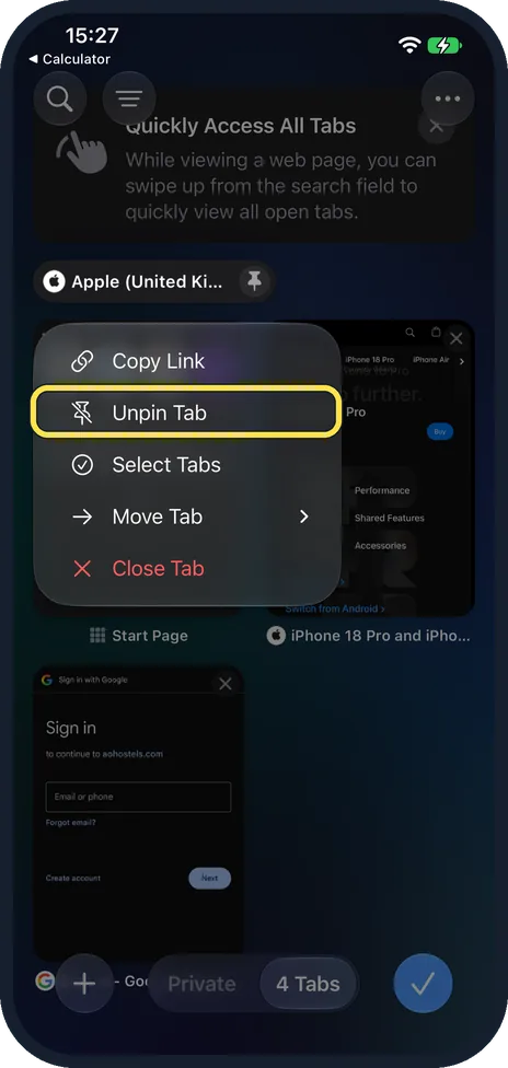 iPhone screen: To undo it, tap Unpin Tab