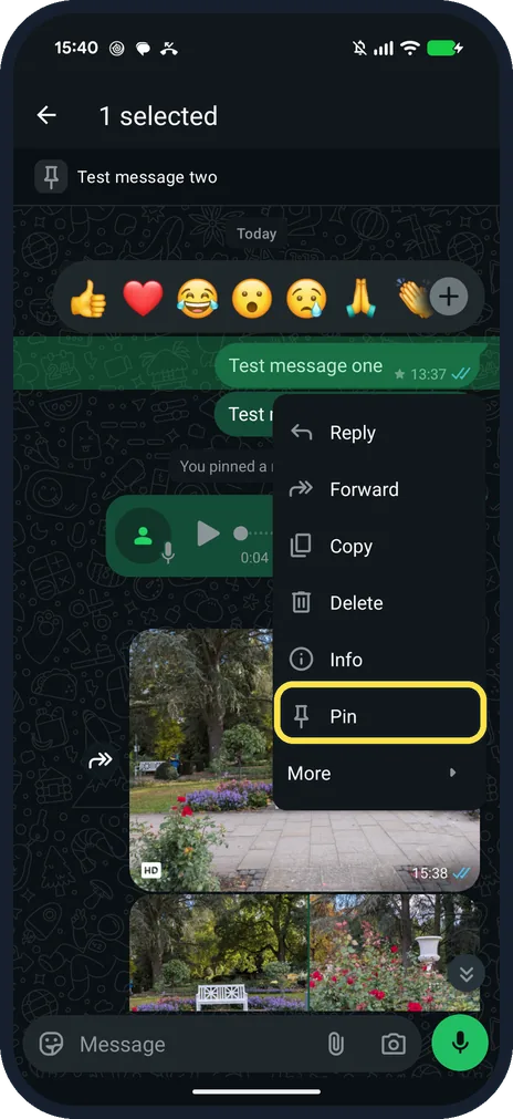 Screenshot from the guide: How to pin and star messages on WhatsApp (Pixel 10a, v2.26)