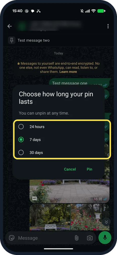 Android screenshot: Choose how long and tap Pin