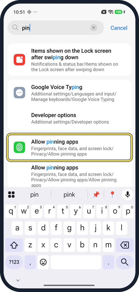 Android screenshot: Find Allow pinning apps