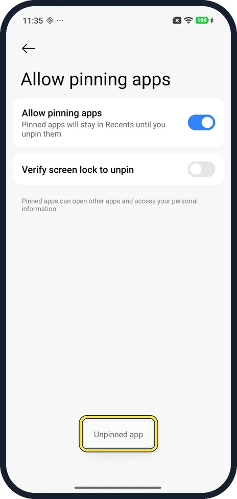 Android screenshot: Slide up and pause to unpin